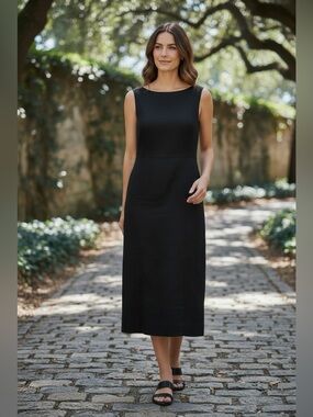 Ann Taylor Black Linen Blend Sleeveless Sheath Midi Dress Sz 10